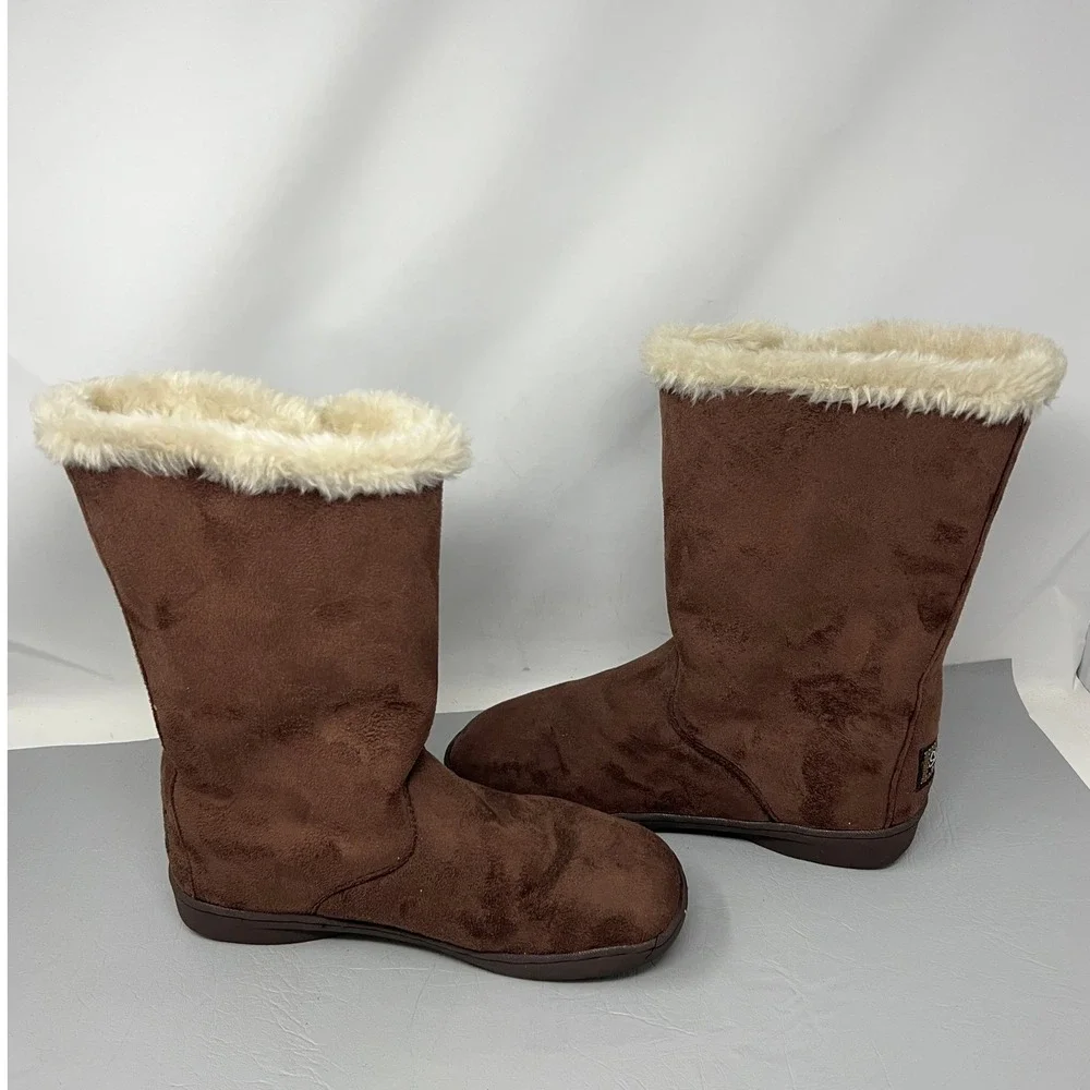 Skechers‎ Australia Womens Suede Faux Fur Boots 9.5 Button Mid Calf Cozy Comfort
